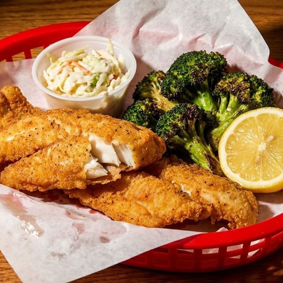 Fried fish fillets with coleslaw, roasted broccoli, and a lemon wedge in a red basket.